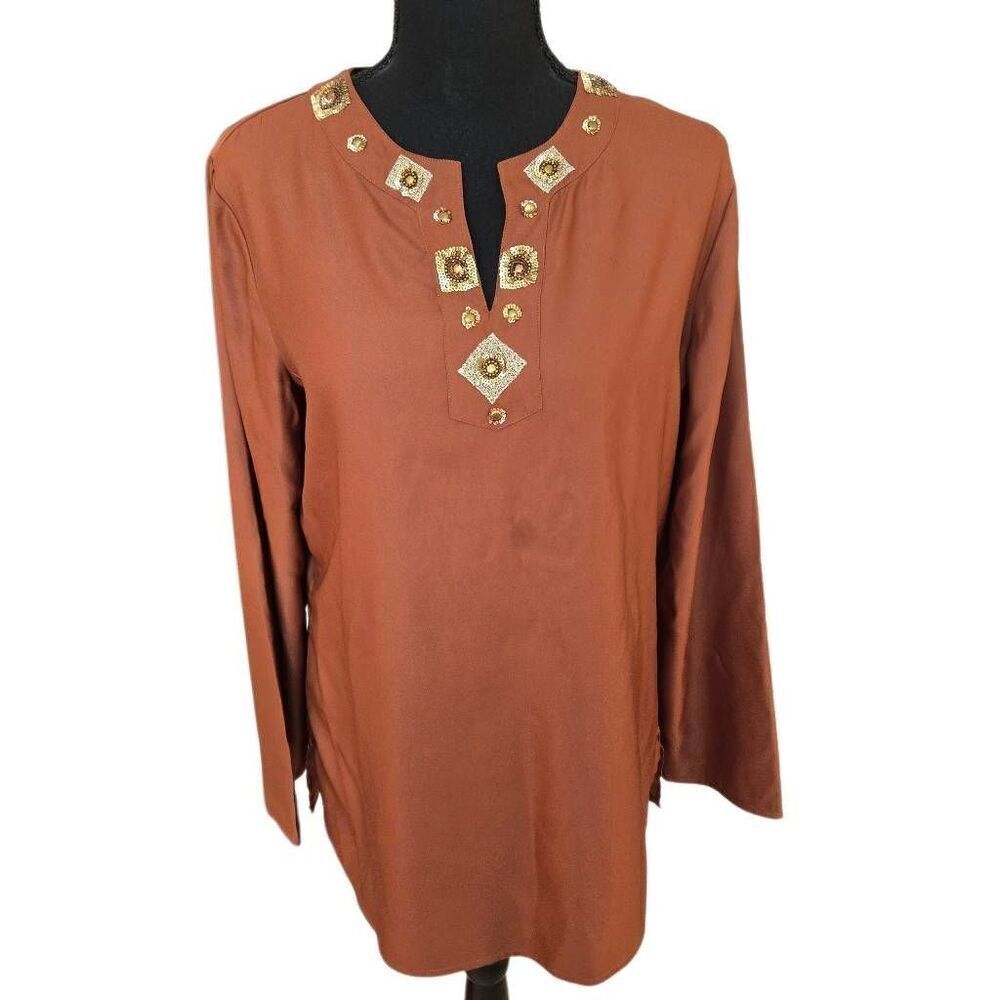 Additions By Chico's Women's Split Neck Embellished Tunic Blouse Brown Size 1/M